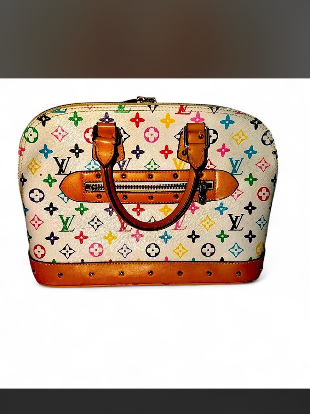 Multicolor Monogram handbag in White with gold studdedaccents
